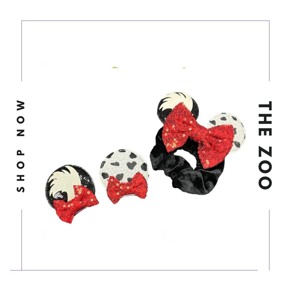 Cruella Mouse Ear‎ Scrunchie and Hair Clips